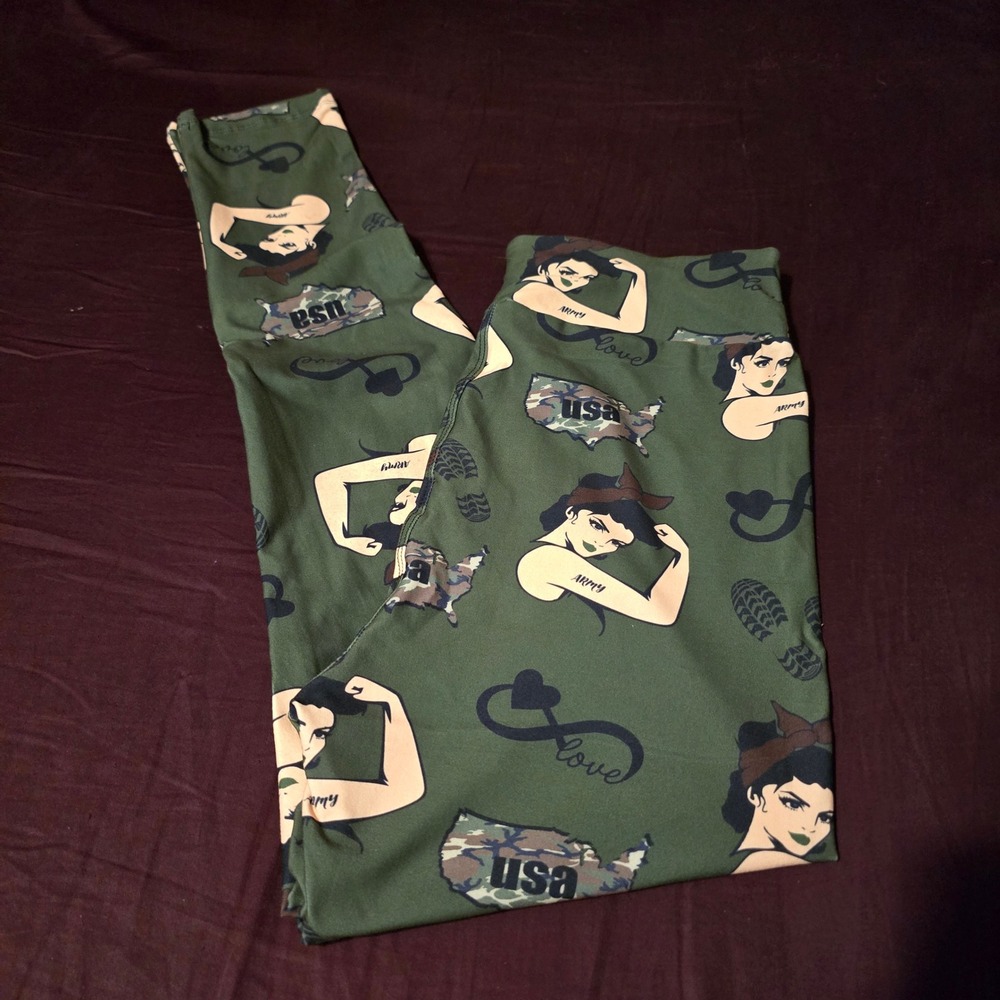 Karmen Anne Leggings OS Yoga Pants Womens Olive Green Pinup Girl Army USA Camo